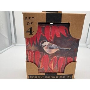 Set of 4 Absorbent Stoneware Coasters Black Capped Chickadee Bird Fall Autumn